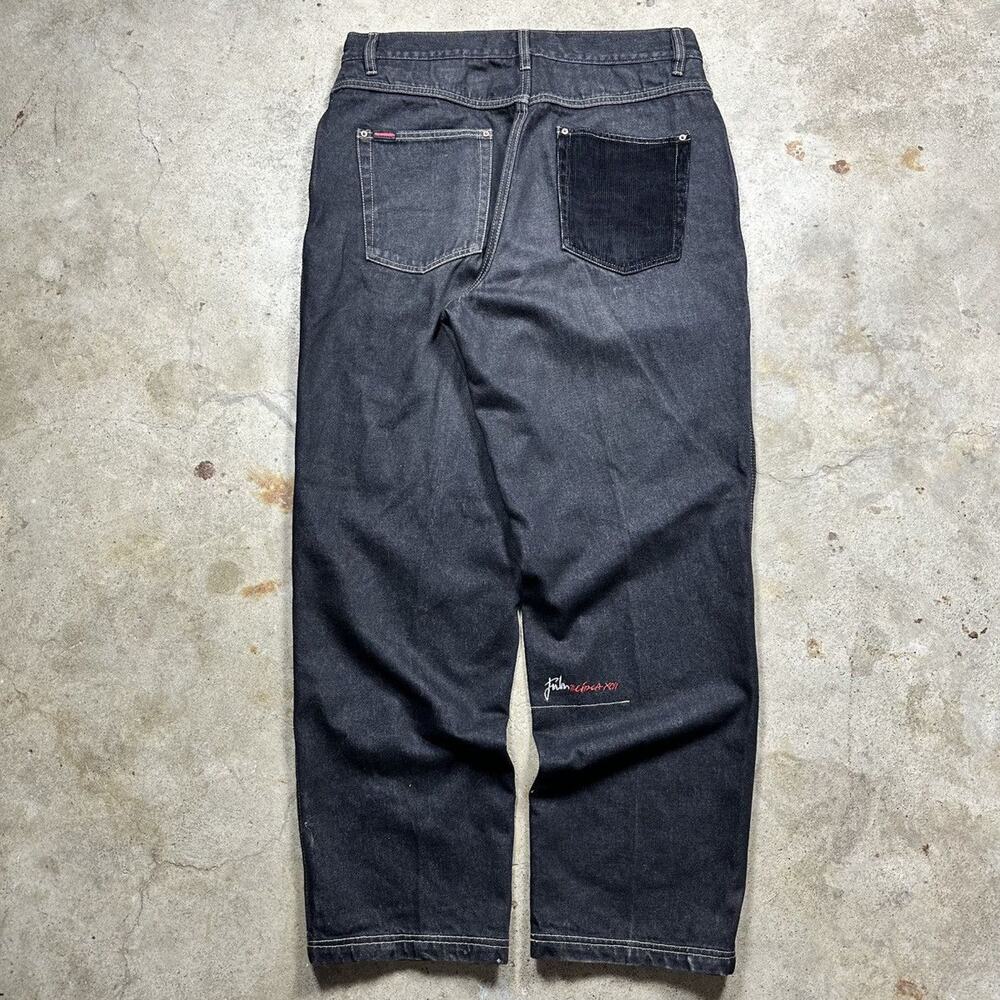 VTG Y2K Baggy Hip Hop FUBU Black Patchwork Denim Jeans Size 36x33